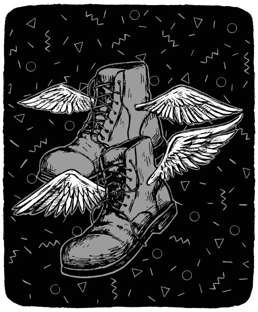 长着翅膀的靴子。旅游、旅游、远足的概念。手绘矢量插图在单色的颜色。抽象图形绘制孤立在白色。用于设计印刷品，海报，排版，装饰的元素。图片下载