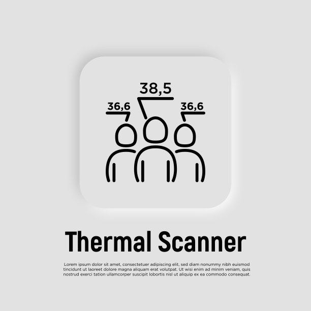 人群的热扫描温度。covid-19检测。, measuringof发烧。细线图标，矢量插图。图片下载