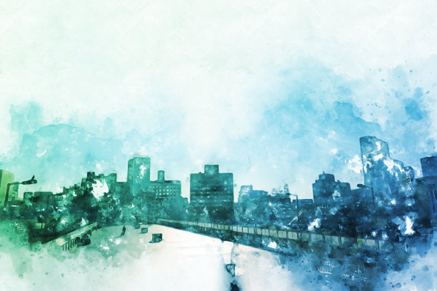 以城市抽象的色彩建筑为背景绘制水彩插画。图片下载