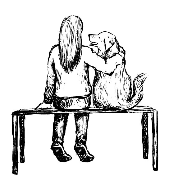 女孩和狗在长凳上。手绘矢量等高线插图。现实的复古图形绘制孤立在白色。单黑色涂鸦元素设计印刷，海报，装饰，排版，贴纸。图片下载