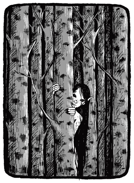 这个神秘的生物躲在森林里的桦树后面。手绘矢量插图在单色的颜色。抽象图形绘制孤立在白色。用于设计印刷、排版、装饰的元素。图片下载
