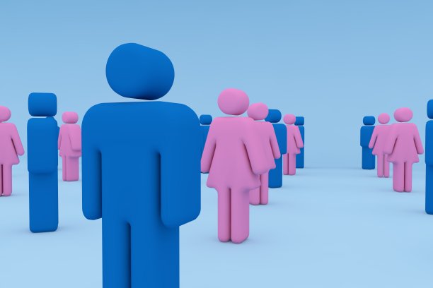 3D渲染:人在粉红色和深蓝色，背景在蓝色。图片下载