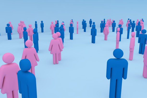 3D渲染:人在粉红色和深蓝色，背景在蓝色。图片下载