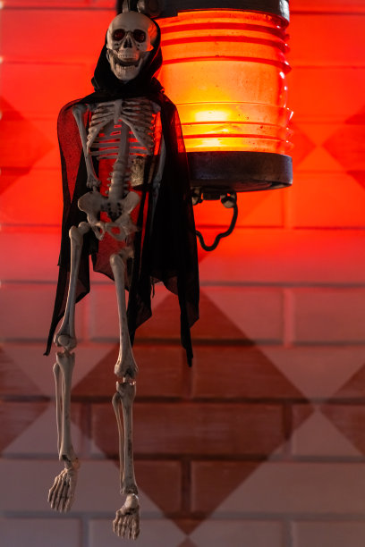 骷髅挂在咖啡馆的灯笼上。可怕的生物。图片下载