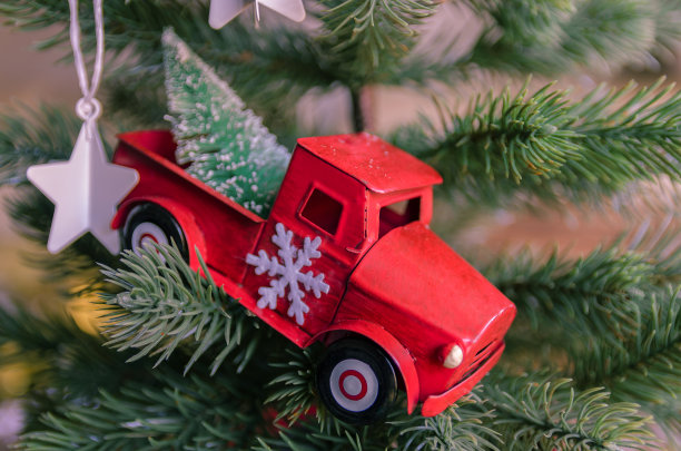 红色的车挂着一棵圣诞树挂在冷杉树上。圣诞和寒假的概念。图片下载