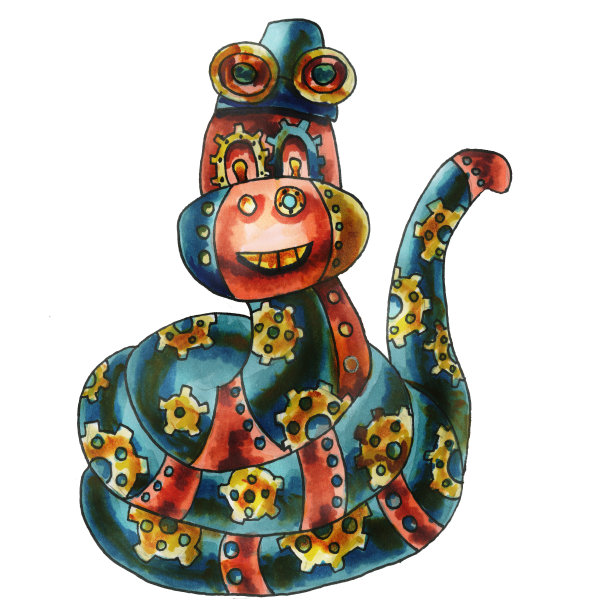 蛇，中国的生肖象征新年2024。蒸汽朋克风格的蛇。东部的星座。孤立在白色背景上的机械动物。水彩画的蛇机器人图片下载