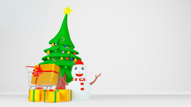 雪人和金色礼品盒在白色的场景中隔离开来。图片下载