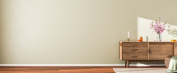 室内场景:木制餐具柜，上面有樱花、碗和蜡烛。硬木地板上有柳条篮子和地毯。3d渲染-网页横幅大小与大量的复制空间图片下载