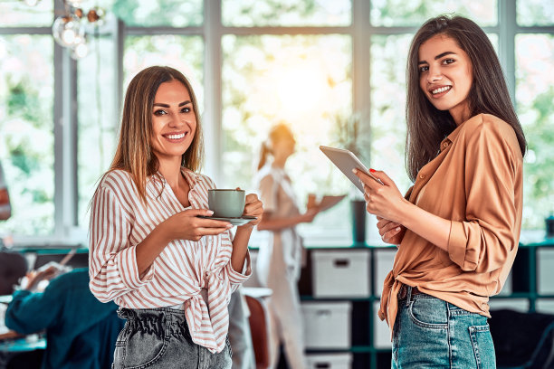 两个女商人在办公室工作。他们愉快地工作。图片下载