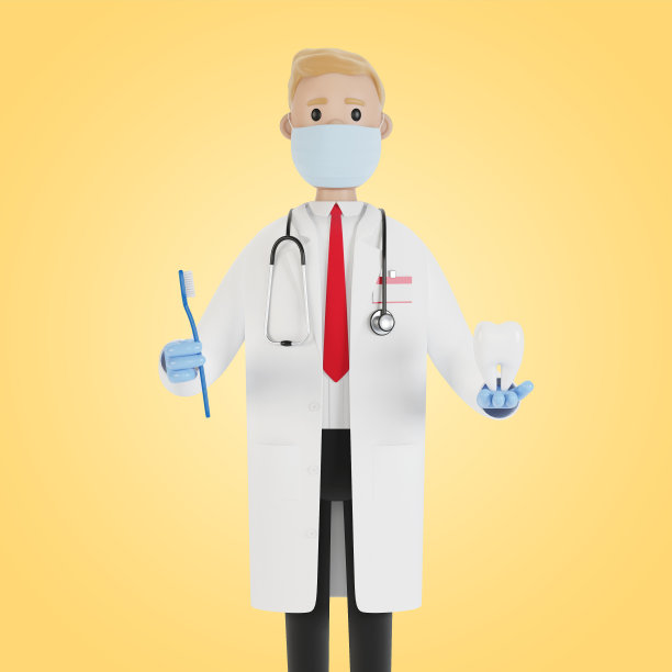 医生手里拿着牙刷和一颗牙齿。牙齿治疗和口腔卫生。3D插图卡通风格。图片下载