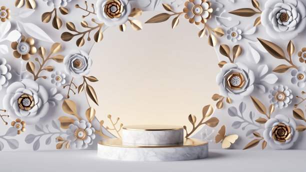 3d渲染，花卉背景与大理石舞台在前面的圆形框架。抽象的植物墙纸与白纸花和金色的叶子。产品展示的空白样板图片下载