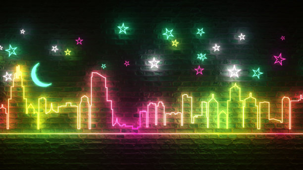 霓虹闪烁的夜城映衬着一堵有星星和月亮的砖墙。夜晚城市的概念。三维演示图片下载
