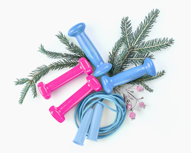 哑铃、跳绳和云杉树枝。图片下载