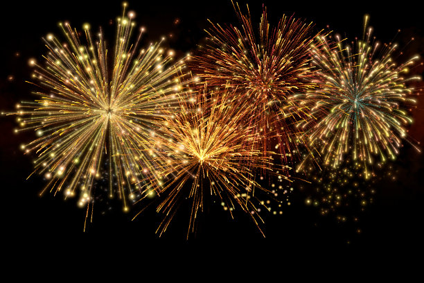 逼真的3D插图彩色的金色豪华烟火烟火夜黑暗的天空烟孤立的黑色背景壁纸使用庆祝新年倒计时节日周年生日派对图片下载