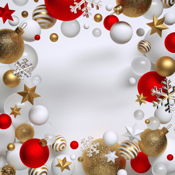 3d渲染，抽象的圣诞背景与复制空间，装饰各种装饰品，红色和金色的球，星星和雪花悬浮。季节性节日剪辑艺术，孤立在白色背景图片下载