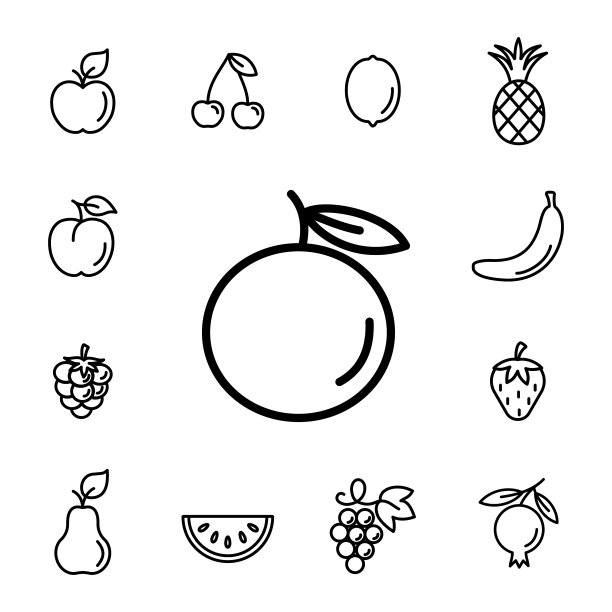 橙色水果与叶线图标黑色在白色图片下载