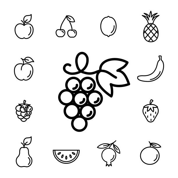 葡萄酒水果与叶线图标黑色上图片下载