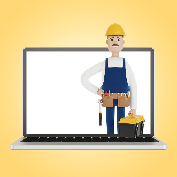 笔记本电脑屏幕与向导。一个小时的丈夫。电工、水管工、木匠叫工头来工作。3D插图卡通风格。图片下载