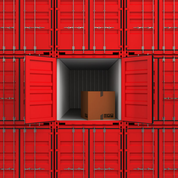 背景与货运集装箱正面视图，打开的门，与纸箱。三维渲染图片下载