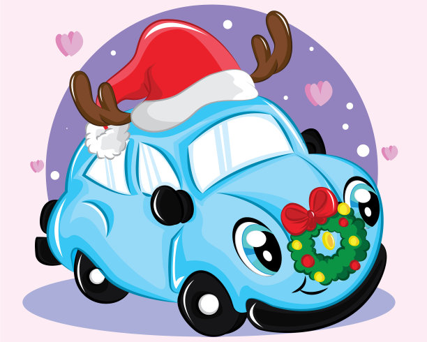 图片与蓝色汽车和圣诞老人的帽子新年图片下载