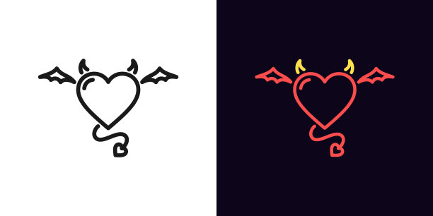 轮廓魔鬼心，图标与可编辑的笔触。线性的恶魔心，有翅膀，尾巴和角图片下载