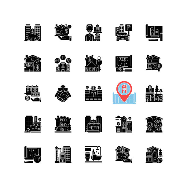 设置在空白区域的房地产黑色字形图标图片下载