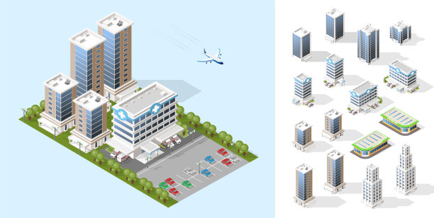 现实的高品质小镇。一组孤立的等距城市元素图片下载