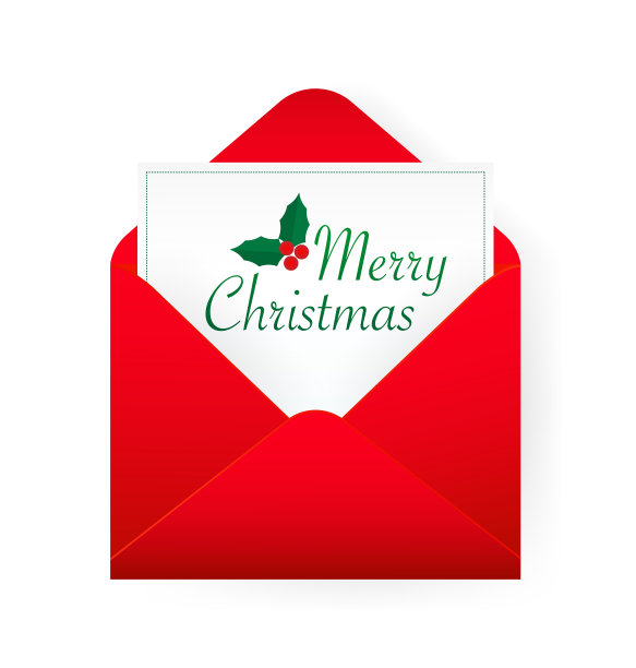 扁平的红色圣诞信封装饰设计。复古横幅庆祝设计。白色背景上的红色圣诞贺卡。图片下载