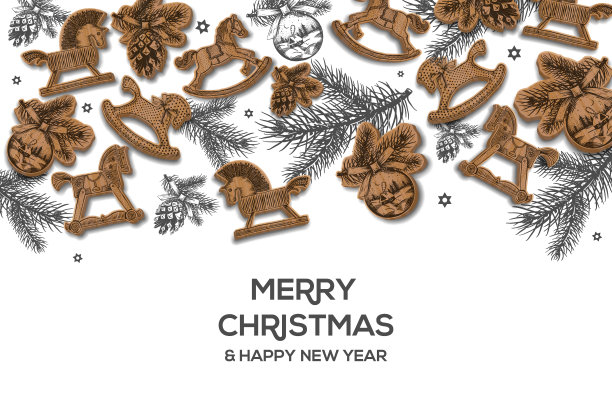 圣诞节手绘海报。圣诞节背景与木制玩具，矢量插图图片下载