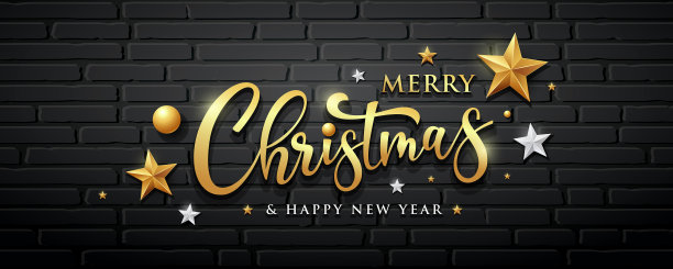 圣诞快乐金色短信和星星，球挡墙上黑色背景横幅设计图片下载