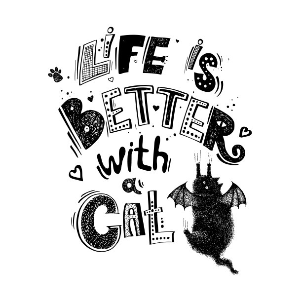 黑白矢量猫插图。有猫的生活更美好。字母在白色背景上。每个元素都是孤立的。图片下载