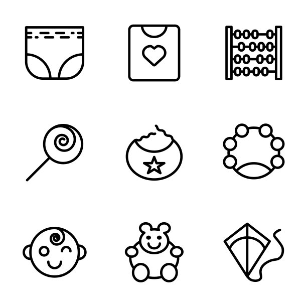 儿童和玩具图标集包括尿布，帮宝适图片下载