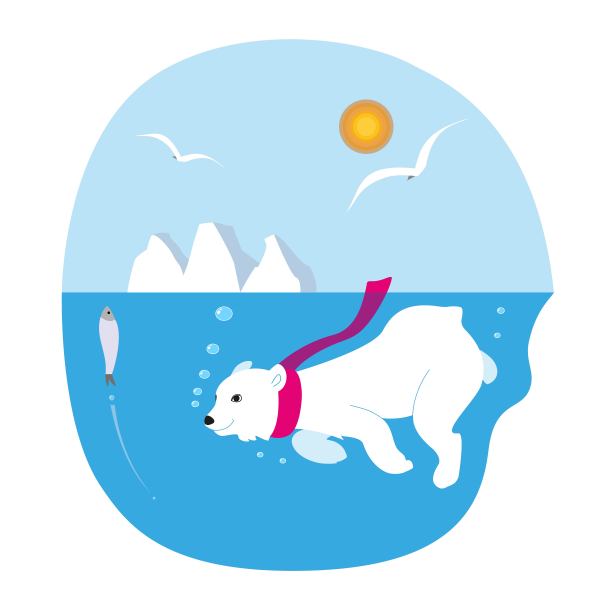 矢量插图描绘了一个白色的北极熊在水与鱼，冰山和海鸥。冬天的插图图片下载