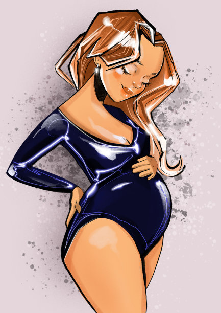 快乐的怀孕女孩在滴着蓝色的水，抚摸着她的肚子图片下载