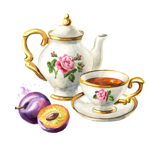 茶壶，茶杯和梅子。手绘水彩插图孤立的白色背景图片下载