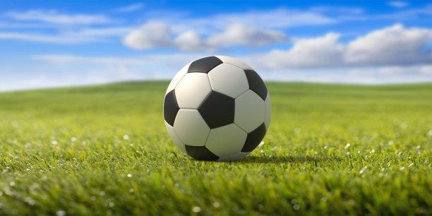 足球，足球近景，绿草地，蓝天背景。三维演示图片下载