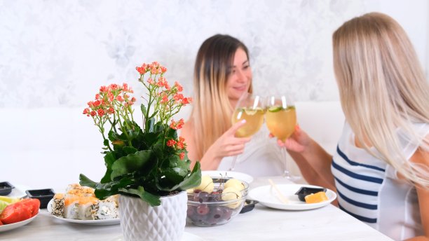 两个迷人的女孩，快乐的好朋友在家里玩和喝酒。手里拿着两杯白酒。女孩一起玩的时候八卦图片下载