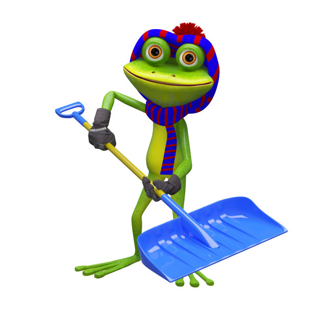 3D插图的青蛙与雪铲图片下载
