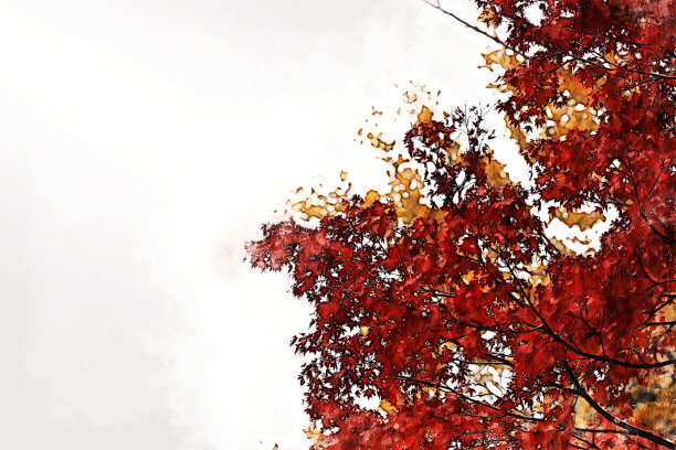 以城市中抽象的彩色树木和建筑为背景的水彩插画。图片下载