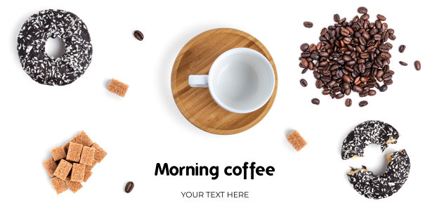白底上放着咖啡和糖果。长标题横幅格式。全景网站标题横幅图片下载