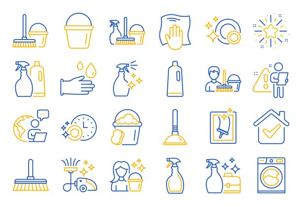 清洗线图标。洗衣，海绵和真空。向量图片下载