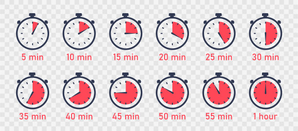 倒数计时器。时钟，秒表矢量图标设置。全旋转箭头计时器。一组简单的定时器在平面风格。图片下载