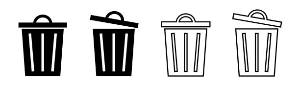 一组向量黑色垃圾桶图标上的白色背景。平面设计风格的垃圾线图标。图片下载