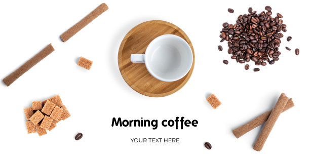 白底上放着咖啡和糖果。长标题横幅格式。全景网站标题横幅图片下载