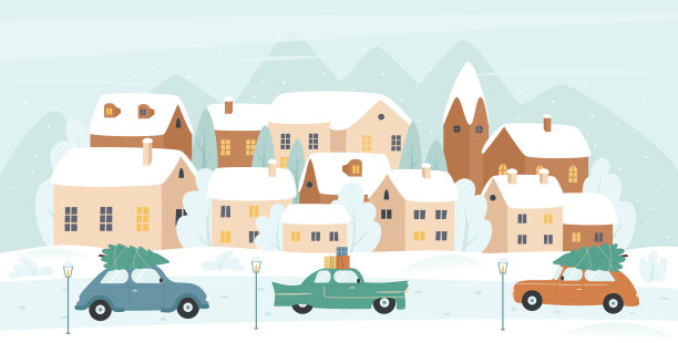 冬天的城市，街道在雪堆里，可爱的房子和汽车图片下载
