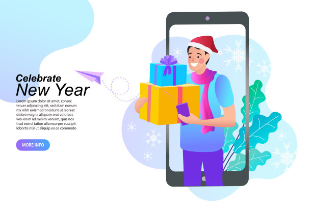 快乐的人们一起装饰圣诞树和礼品盒。平面向量插图图片下载