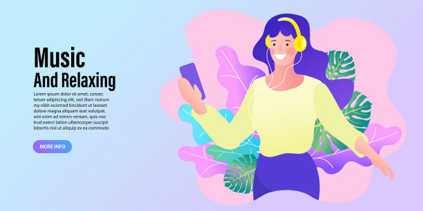 女人戴着耳机听音乐。声音的自然或休闲放松的概念。平面向量插图。图片下载