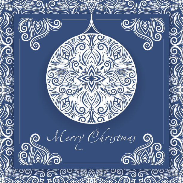 圣诞快乐，新年快乐，贺卡，节日横幅。白色图案与程式化的装饰圣诞球和字母在蓝色的背景，封面模板，海报，框架。矢量图图片下载
