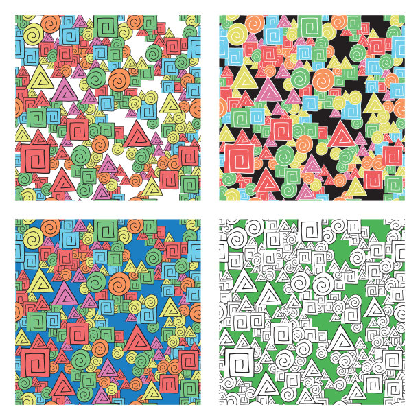 矢量抽象无缝模式集，纹理背景，圆形，方形和三角形形状，线条，彩色，黑白。图片下载