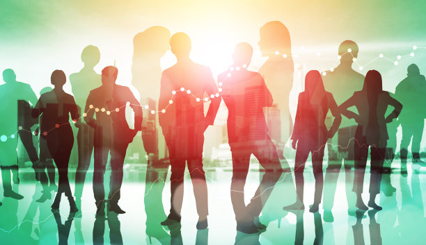 以城市为背景，塑造了众多商业人士聚在一起的抽象形象图片下载